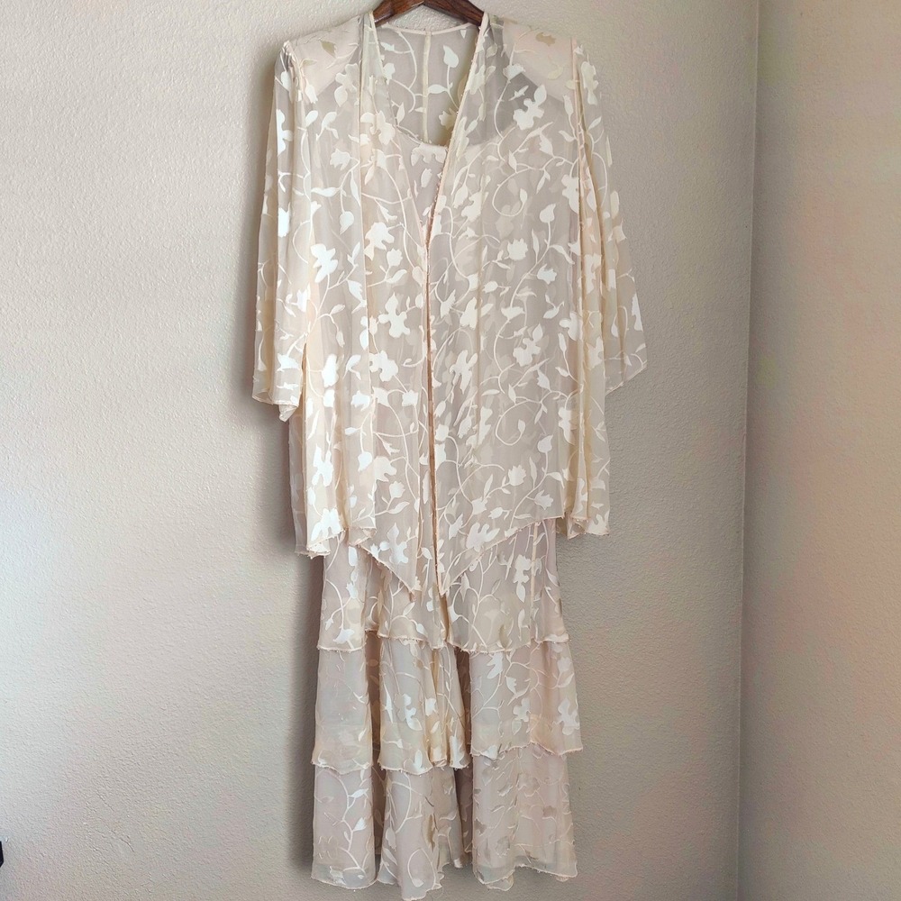 Cameron Blake by Mon Cheri Silk Burnout Tiered Dress & Jacket Set Cream 26 Plus